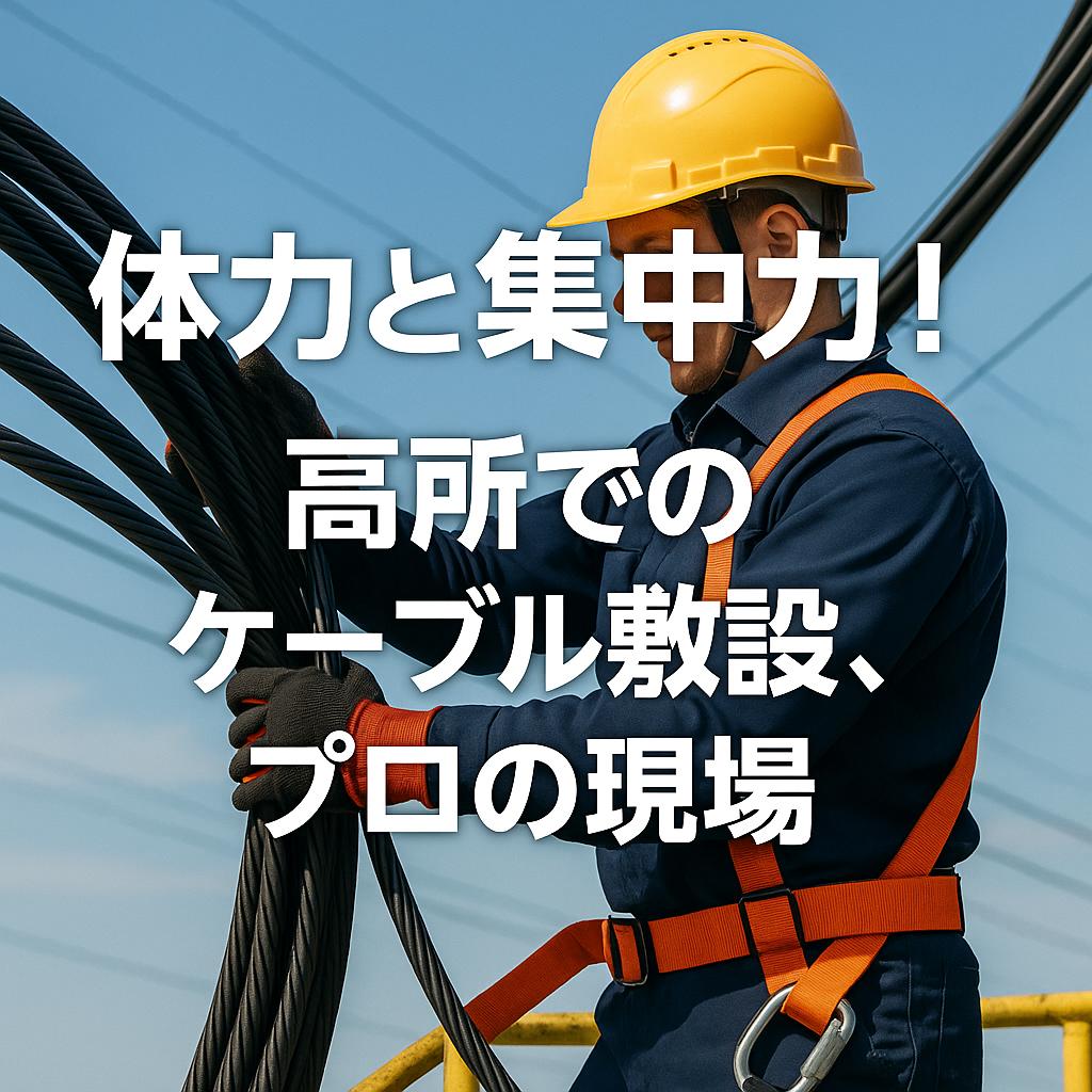 体力と集中力！高所でのケーブル敷設、プロの現場